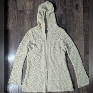 Koji Yohji Women's Butter Yellow Cable-Knit Hooded Waterfall Wool Cardigan Med